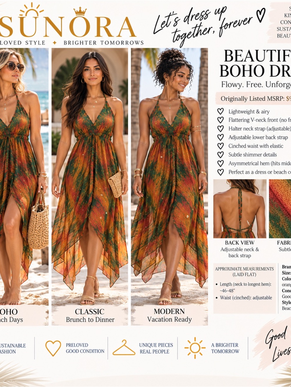 SUNO Green and Orange Asymmetrical Halter Maxi Dress